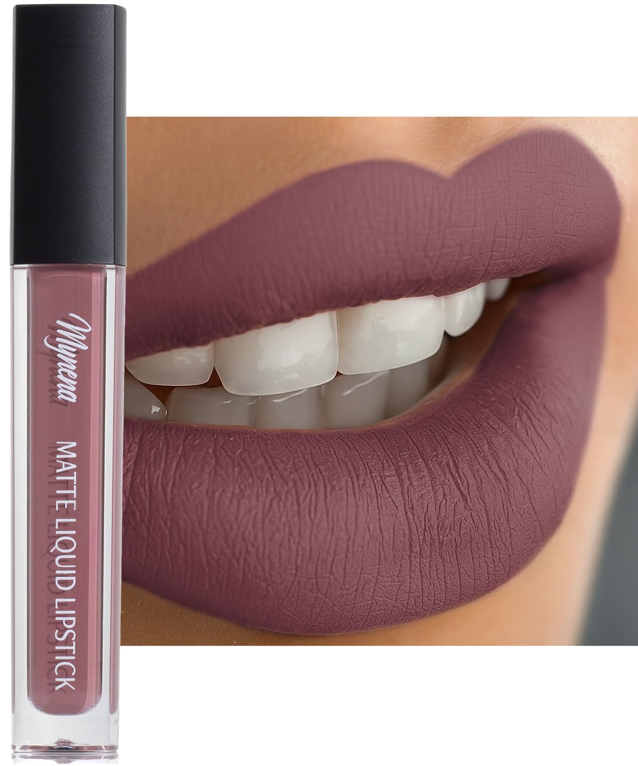 Mynena barra labial mate rosa malva suave para uso diario cómodo.
