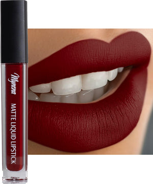 Mynena labial mate rojo burdeos, acabado cálido y cobertura total en una pasada.