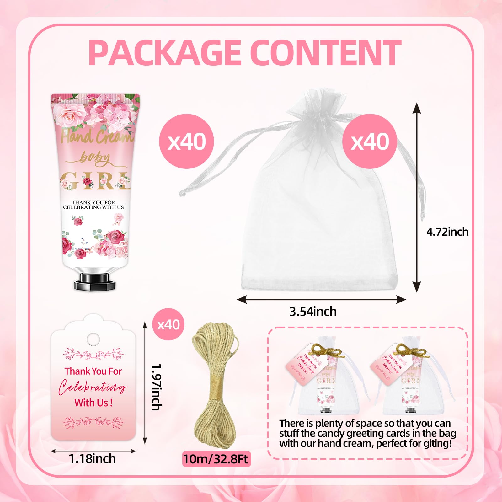 Presentación de regalo elegante para la llegada del bebé con tonos rosados.
