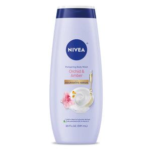 NIVEA gel de ducha Delicado Orquidea y Ambar: botella con espuma cremosa.