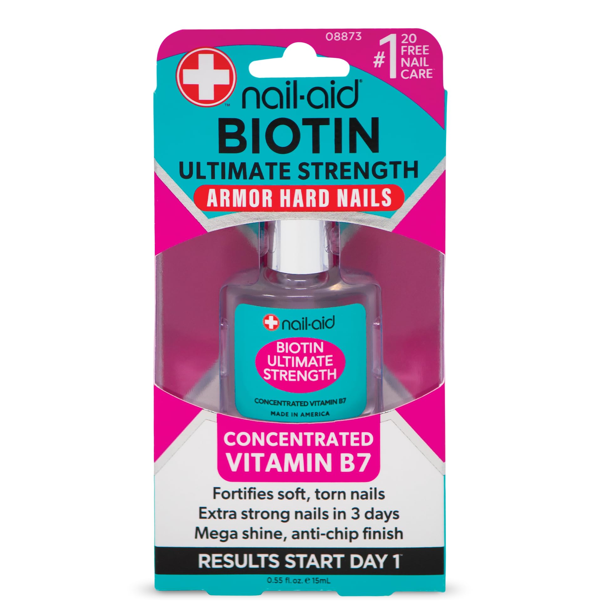 Nail-Aid Biotin Ultimate Strength en botella, fortalecimiento de uñas para uso diario.