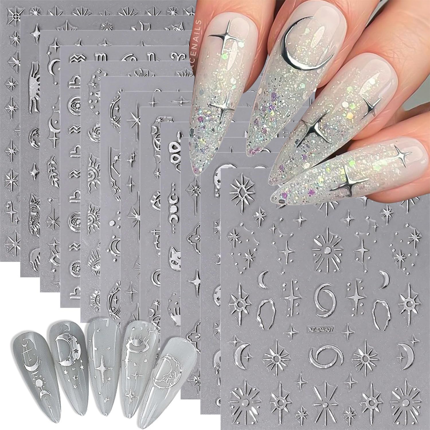Adhesivos para uñas con motivos estrella luna plateados para un acabado duradero