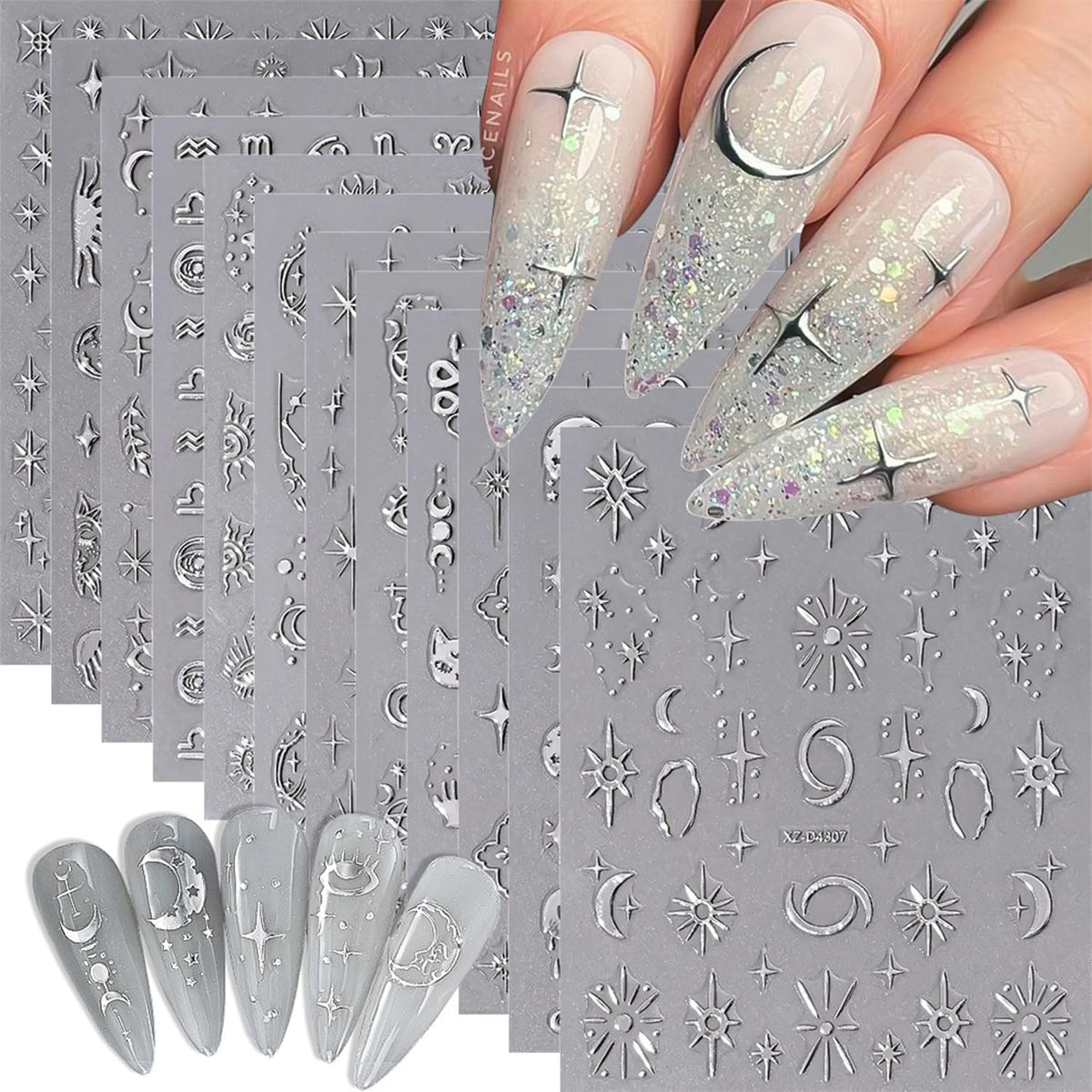 Adhesivos para uñas con motivos estrella luna plateados para un acabado duradero