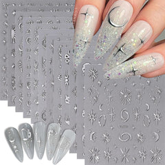 Adhesivos para uñas con motivos estrella luna plateados para un acabado duradero
