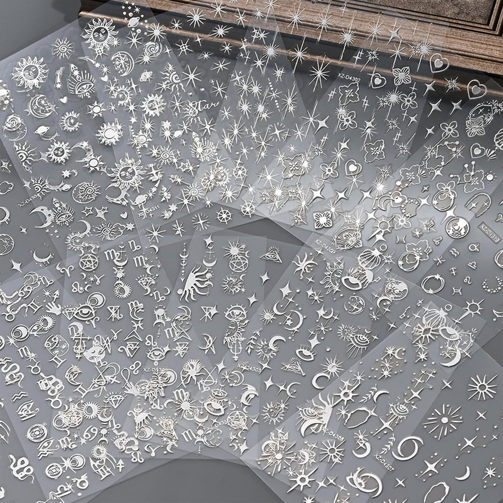 Calcomanías para uñas plateadas con estrella y luna para uñas artificiales