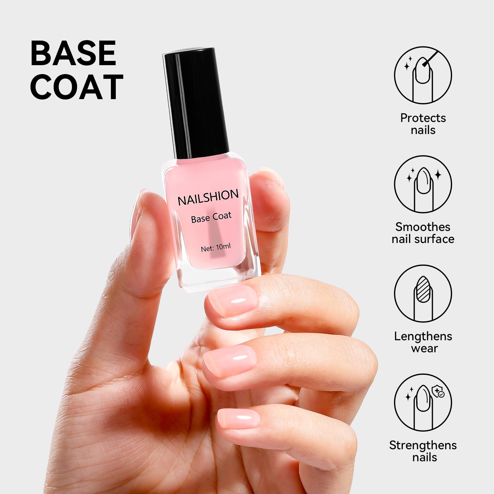 Nailshion base rosa transparente en capas para acabado uniforme.