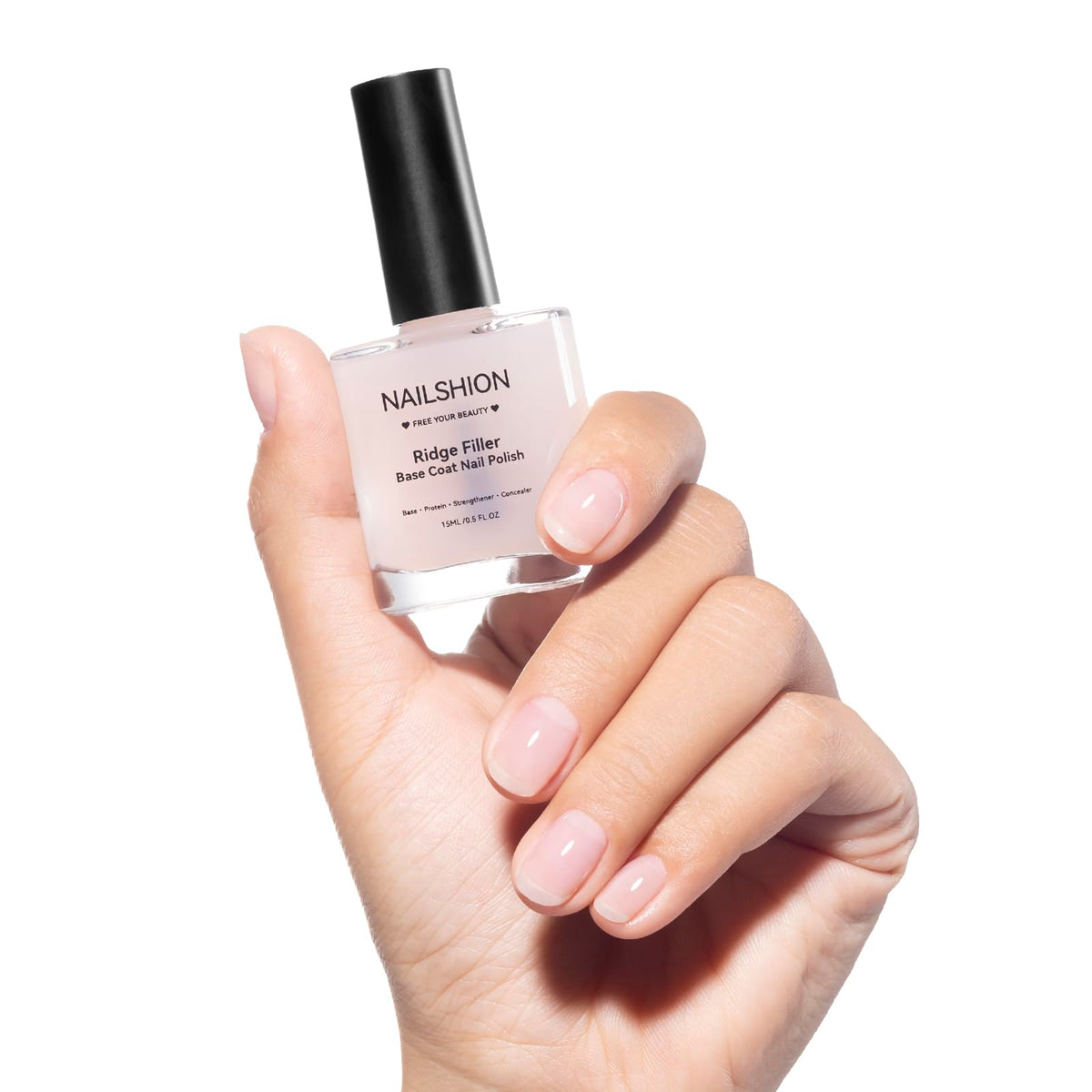 Nailshion Capa Base 3-en-1 para uñas más fuertes y lisas.
