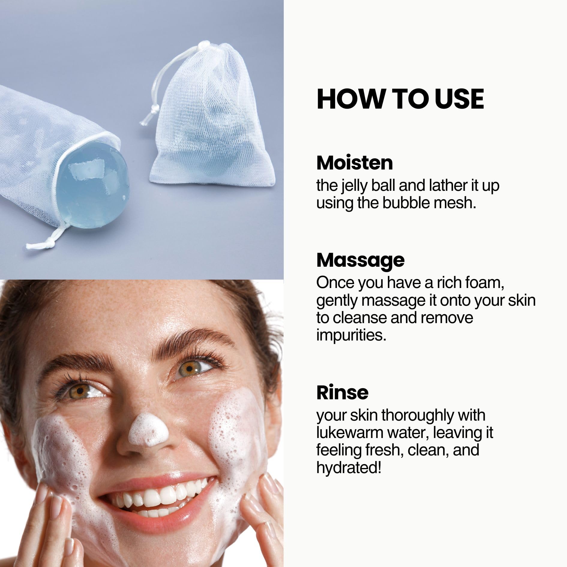 Naisture Be Bare Jelly Ball Cleanser en piel mojada para refrescar la piel.