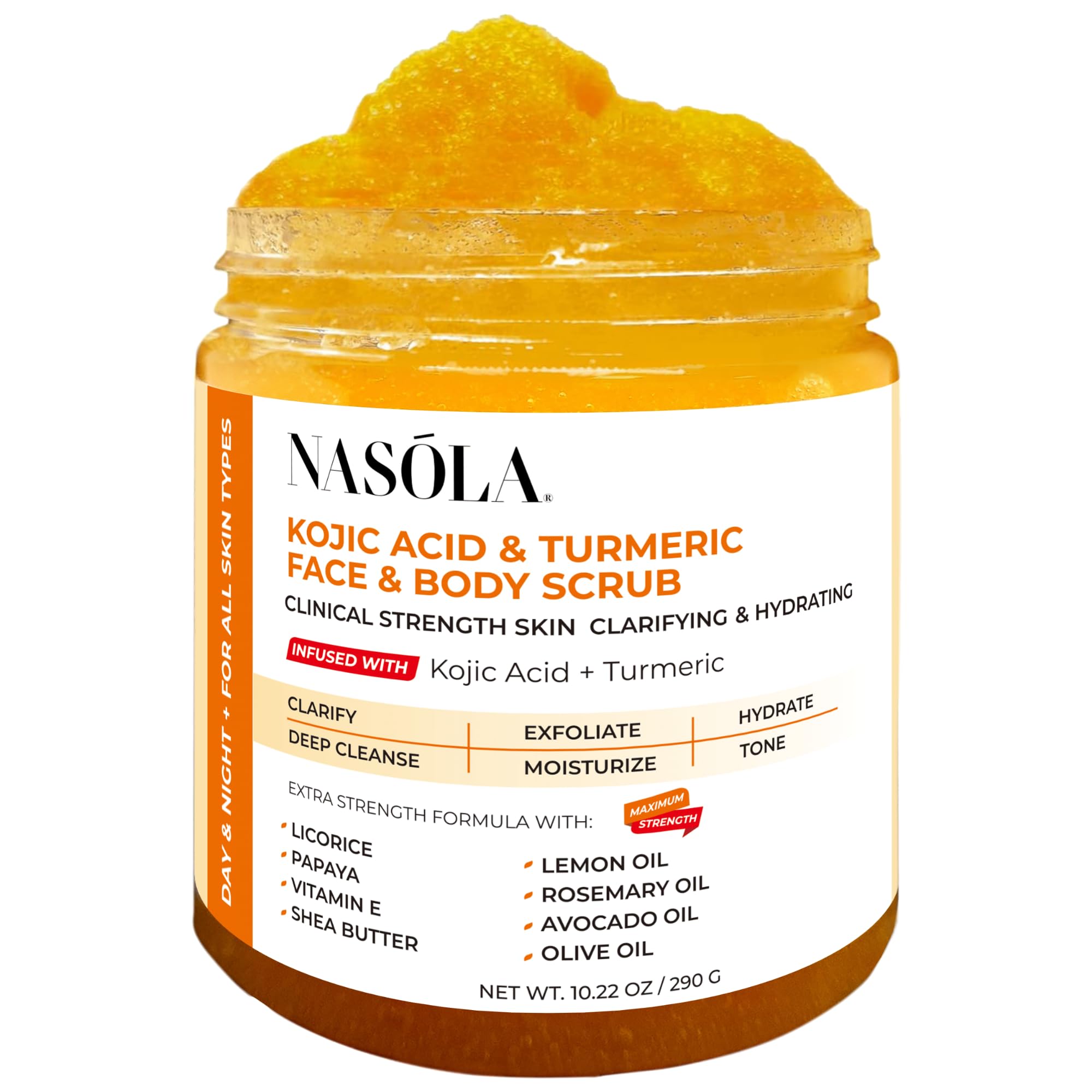 Nasola exfoliante de ácido kojico y cúrcuma, bote, exfolia suavemente.