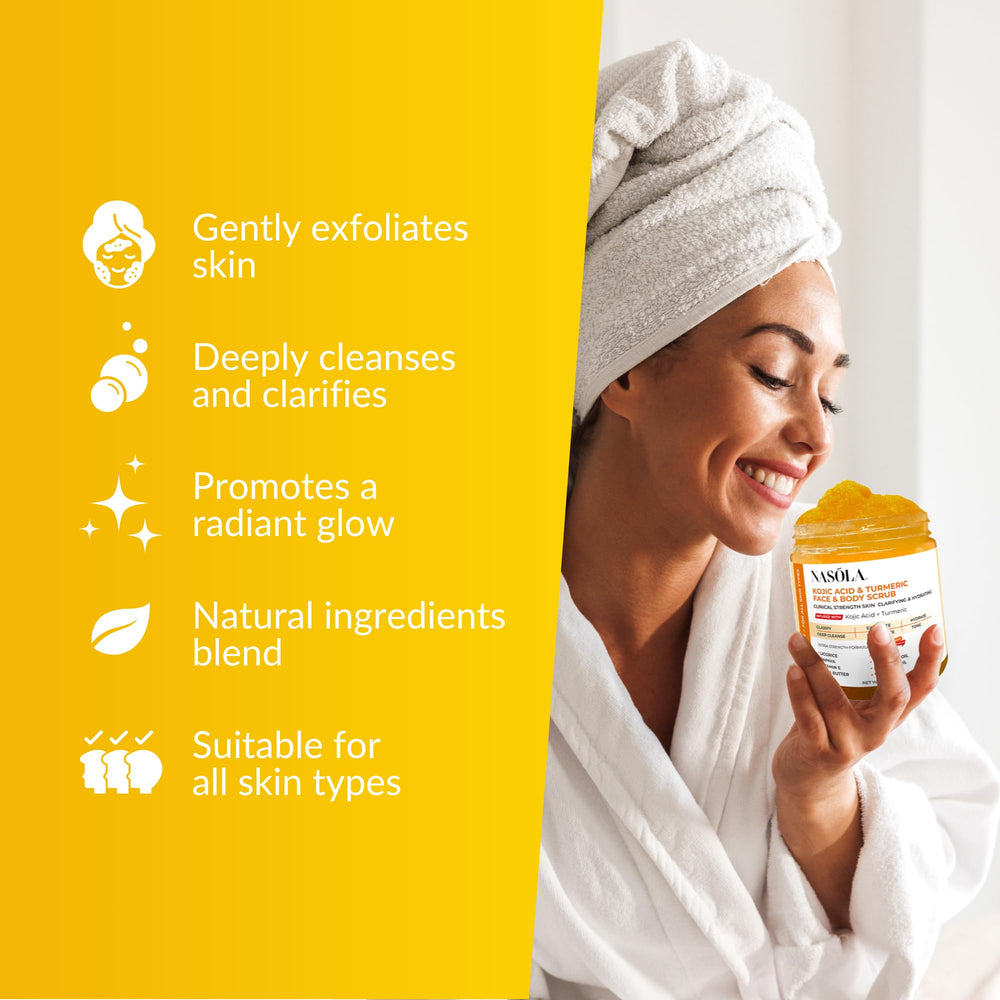 Nasola exfoliante de ácido kojico y cúrcuma, textura granulada para exfoliar suavemente.