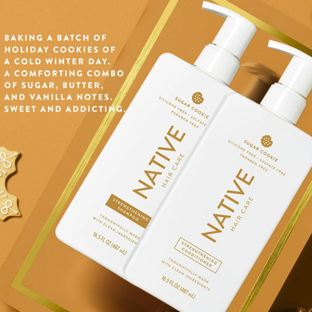 Etiqueta del acondicionador Native galleta de azúcar, diseño festivo y cuidado suave para cabello delicado.