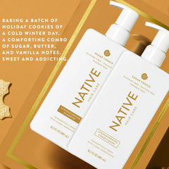 Etiqueta del acondicionador Native galleta de azúcar, diseño festivo y cuidado suave para cabello delicado.