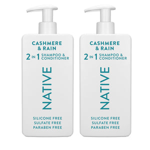 Native Cashmere y Rain 2en1 champu y acondicionador, botella lista para uso diario.