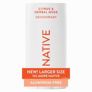 Native desodorante sin aluminio, aplicación suave y fragancia cítrica y almizcle herbal