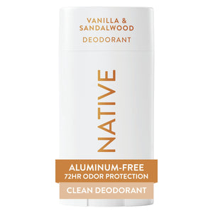 Native desodorante vainilla sándalo, botella: aroma cálido y protección diaria sin irritación.