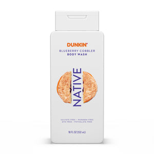 Native gel de ducha arándano, botella visible, aroma tentador para la higiene diaria.