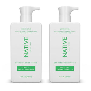 Native limpiador facial sensible con dos envases, ideal para rutina diaria.