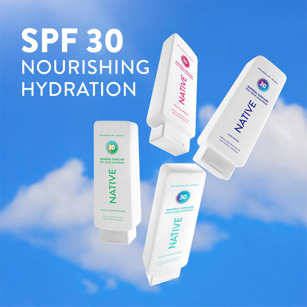 Native Sunscreen Lotion outdoor-use scene conveys light, non-greasy feel.