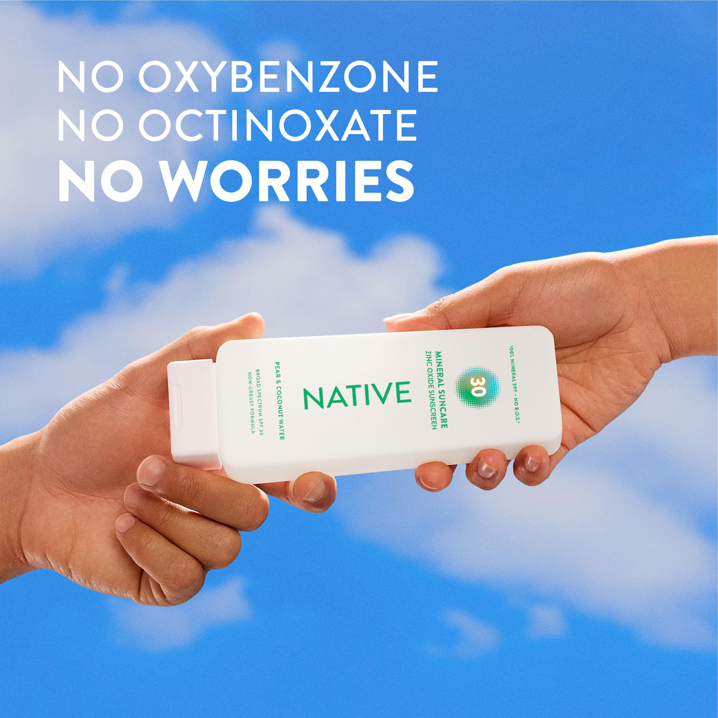 Native Sunscreen Lotion ingredients panel shows zinc oxide and plant-based moisturizer.