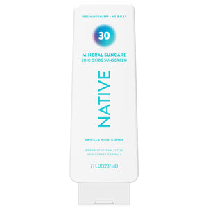 Native Sunscreen Lotion Vanilla Milk & Shea bottle for face and body, mineral SPF.