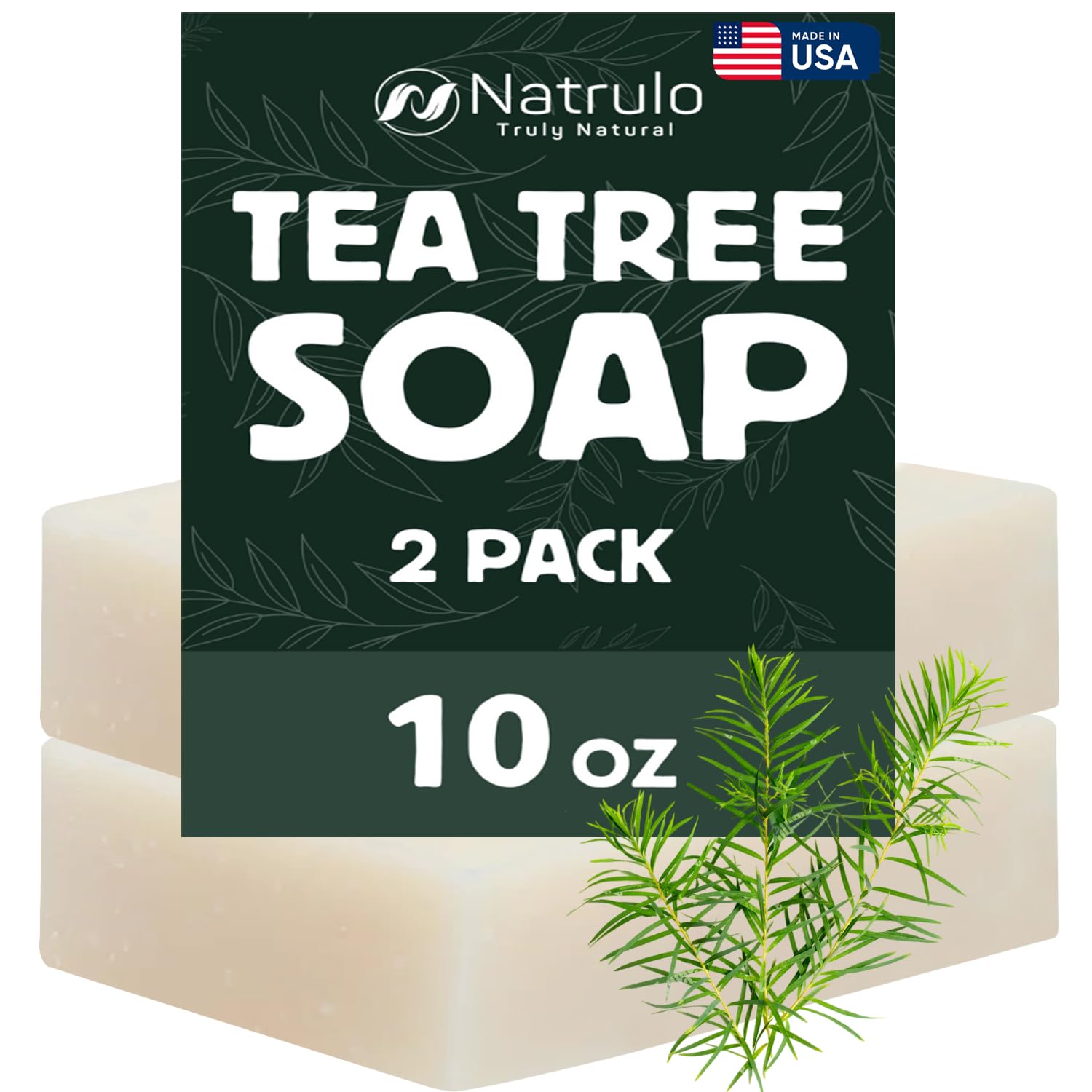 Jabón de árbol de té Natrulo, barra frontal, limpieza suave para cara y cuerpo.