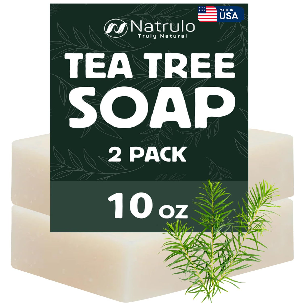 Jabón de árbol de té Natrulo, barra frontal, limpieza suave para cara y cuerpo.