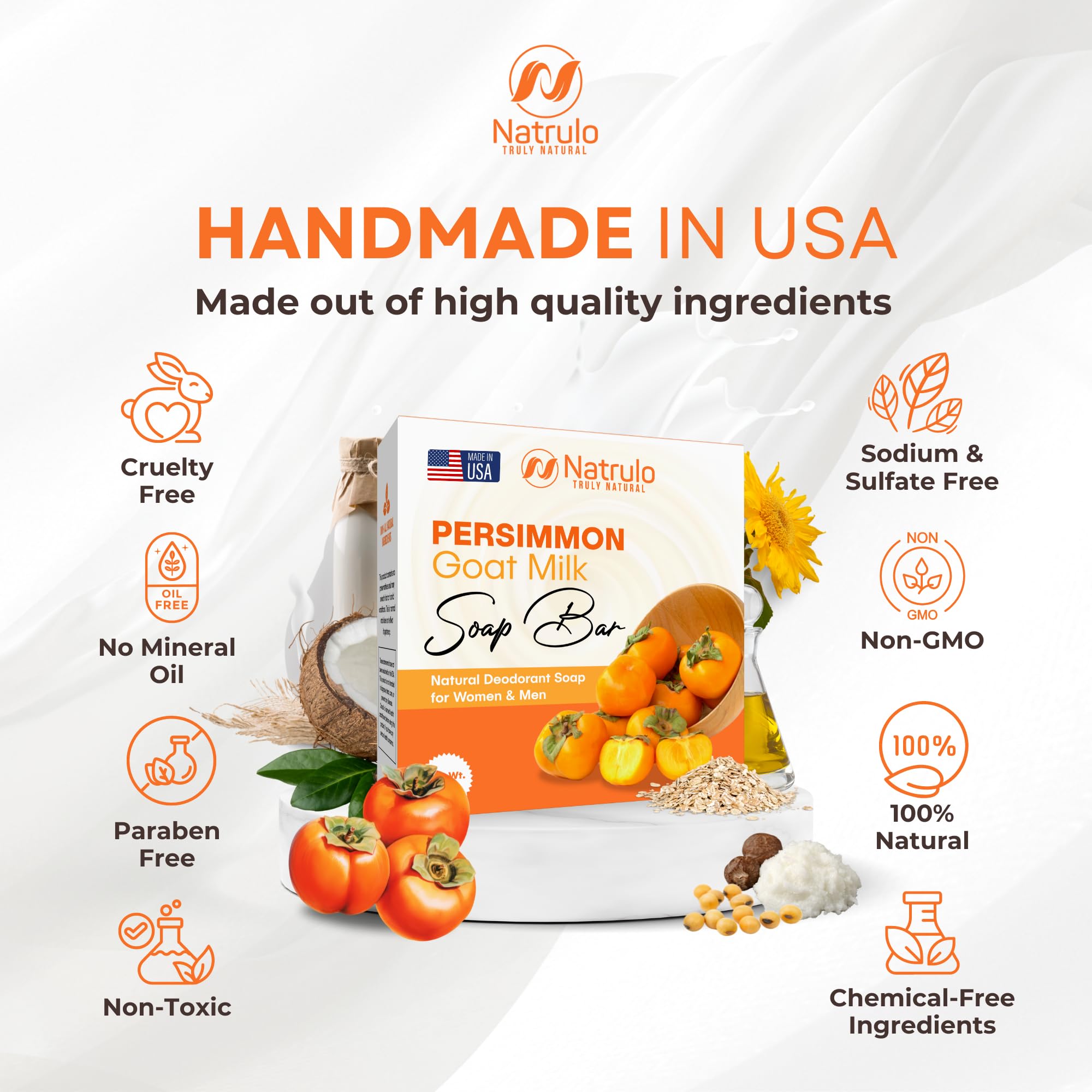 Jabón Persimmon de Natrulo exfoliación suave para higiene diaria.