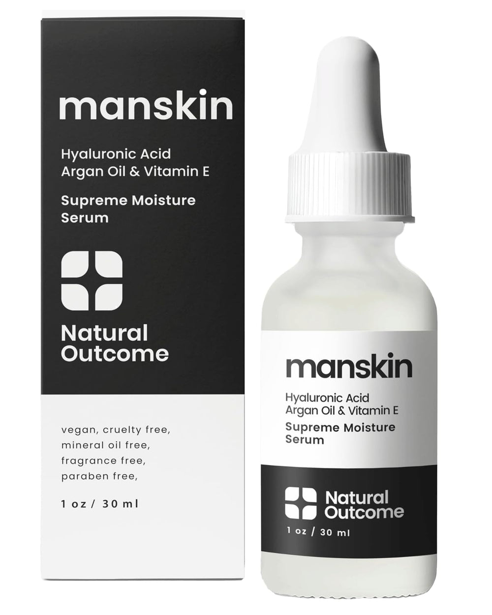 Natural Outcome Man Skin Supreme Serum en bote, hidratación profunda para piel áspera.