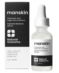 Natural Outcome Man Skin Supreme Serum en bote, hidratación profunda para piel áspera.