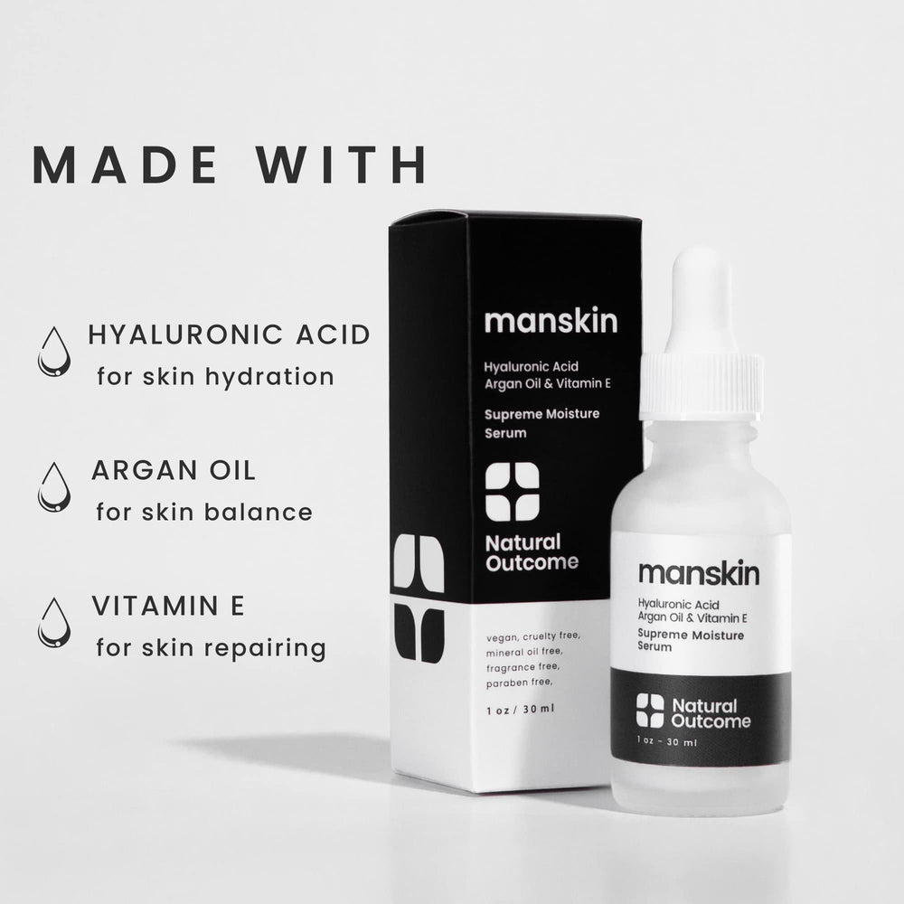 Etiqueta frontal de Natural Outcome Man Skin Supreme Serum, marca de confianza.