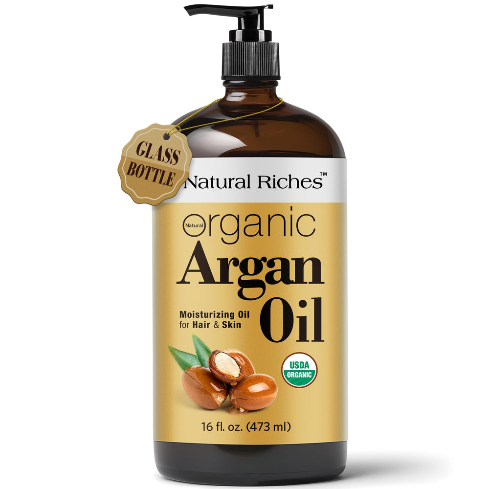 Natural Riches Aceite de Argán en botella de vidrio para hidratación diaria.