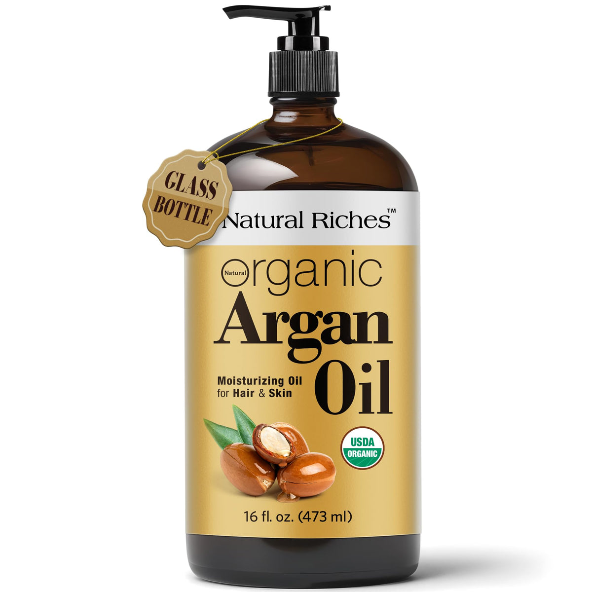 Natural Riches Aceite de Argán en botella de vidrio para hidratación diaria.
