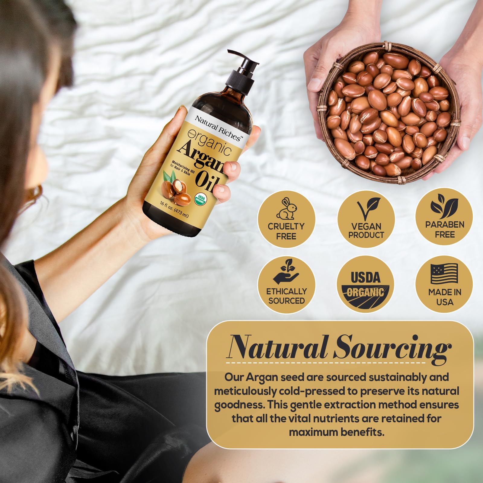 Natural Riches Aceite de Argán textura sedosa al tacto en piel y cabello.
