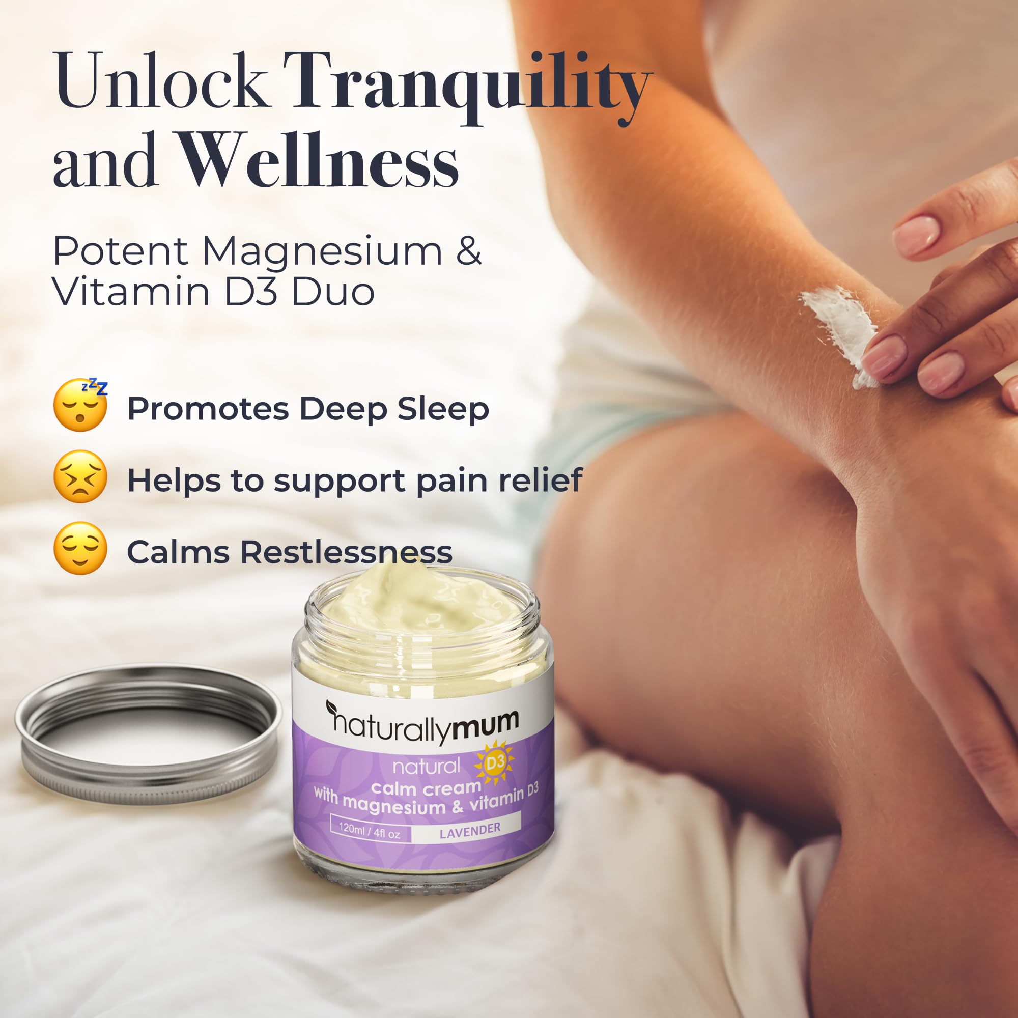 NaturallyMum crema magnesio d3 lavanda, textura cremosa para masaje relajante