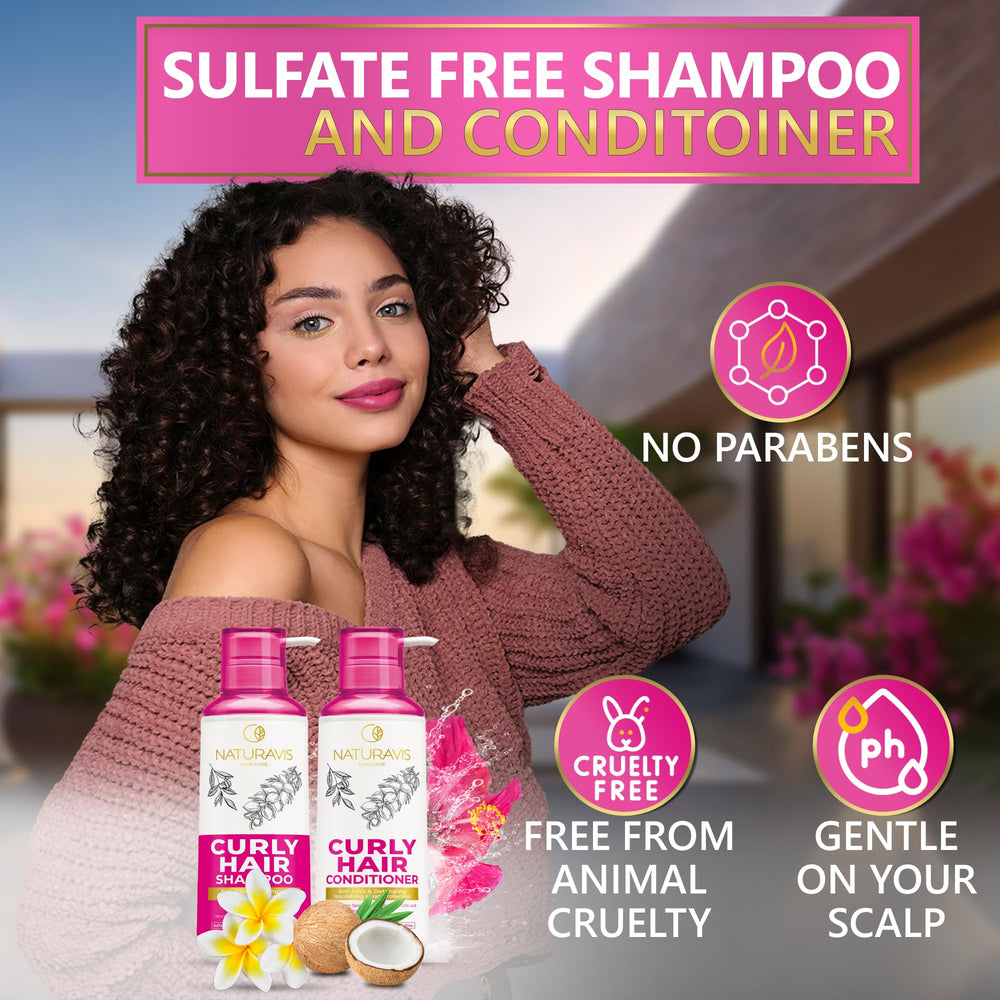 Champú y acondicionador Naturavis sin sulfatos para cabello rizado suave.