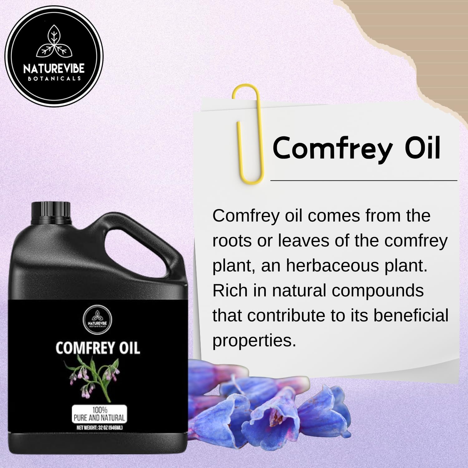 Naturevibe Botanicals Aceite de Comfrey puro, ideal para hidratación diaria.