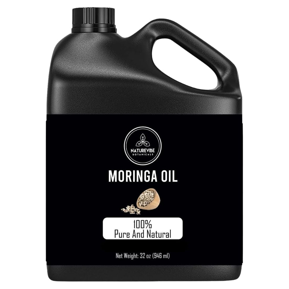 Naturevibe Botanicals Aceite de Moringa 32oz, frasco negro, hidratación suave para la piel.