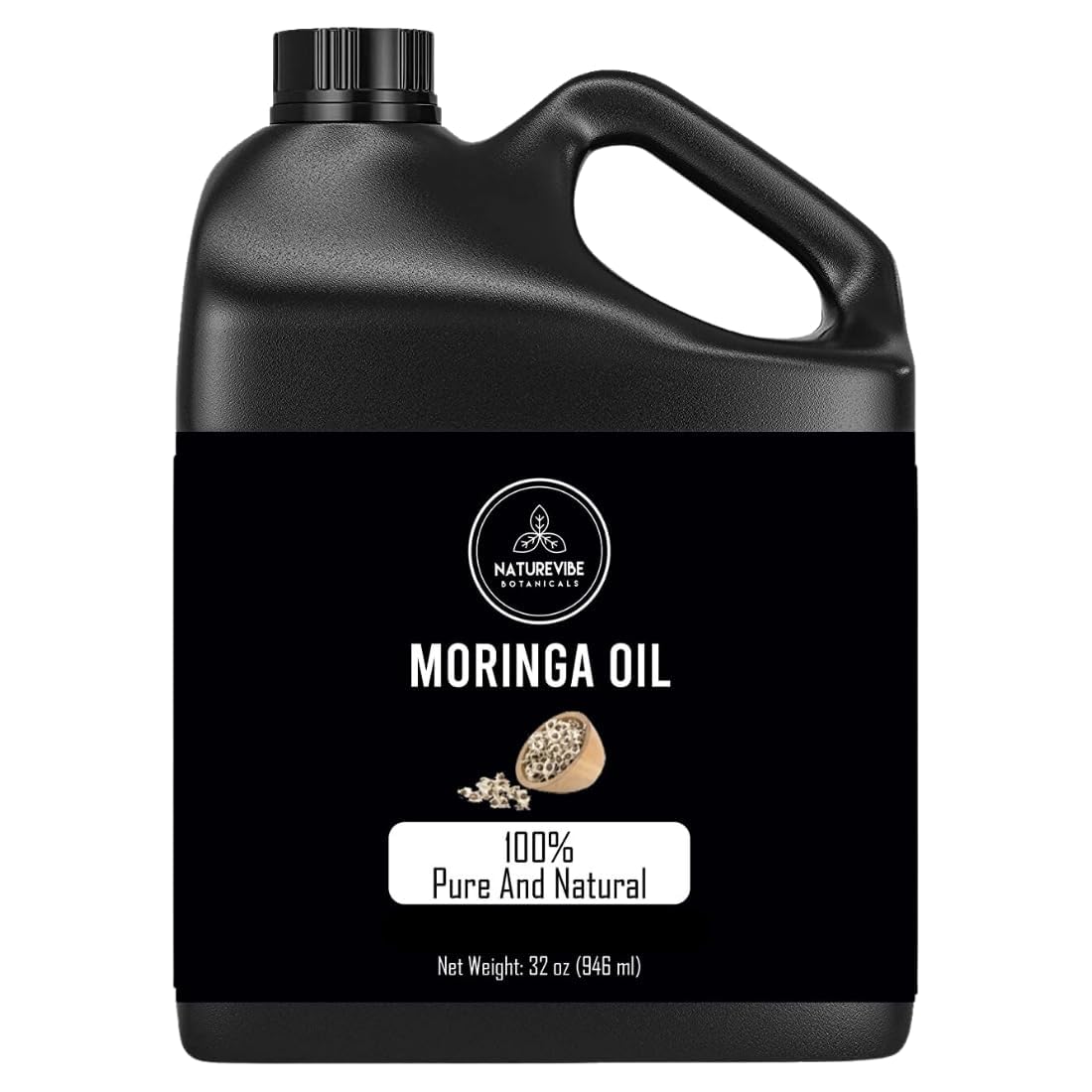 Naturevibe Botanicals Aceite de Moringa 32oz, frasco negro, hidratación suave para la piel.