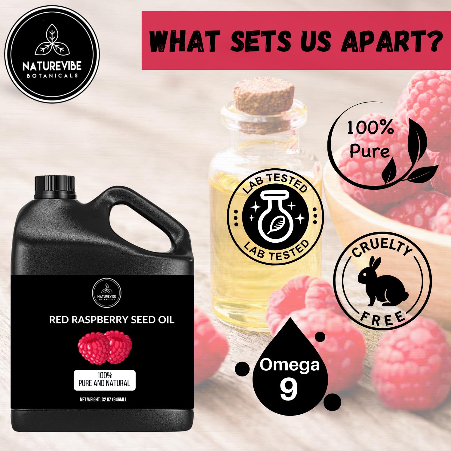 Etiqueta de Naturevibe Botanicals en Aceite de Frambuesa Rojo, detalle de marca.