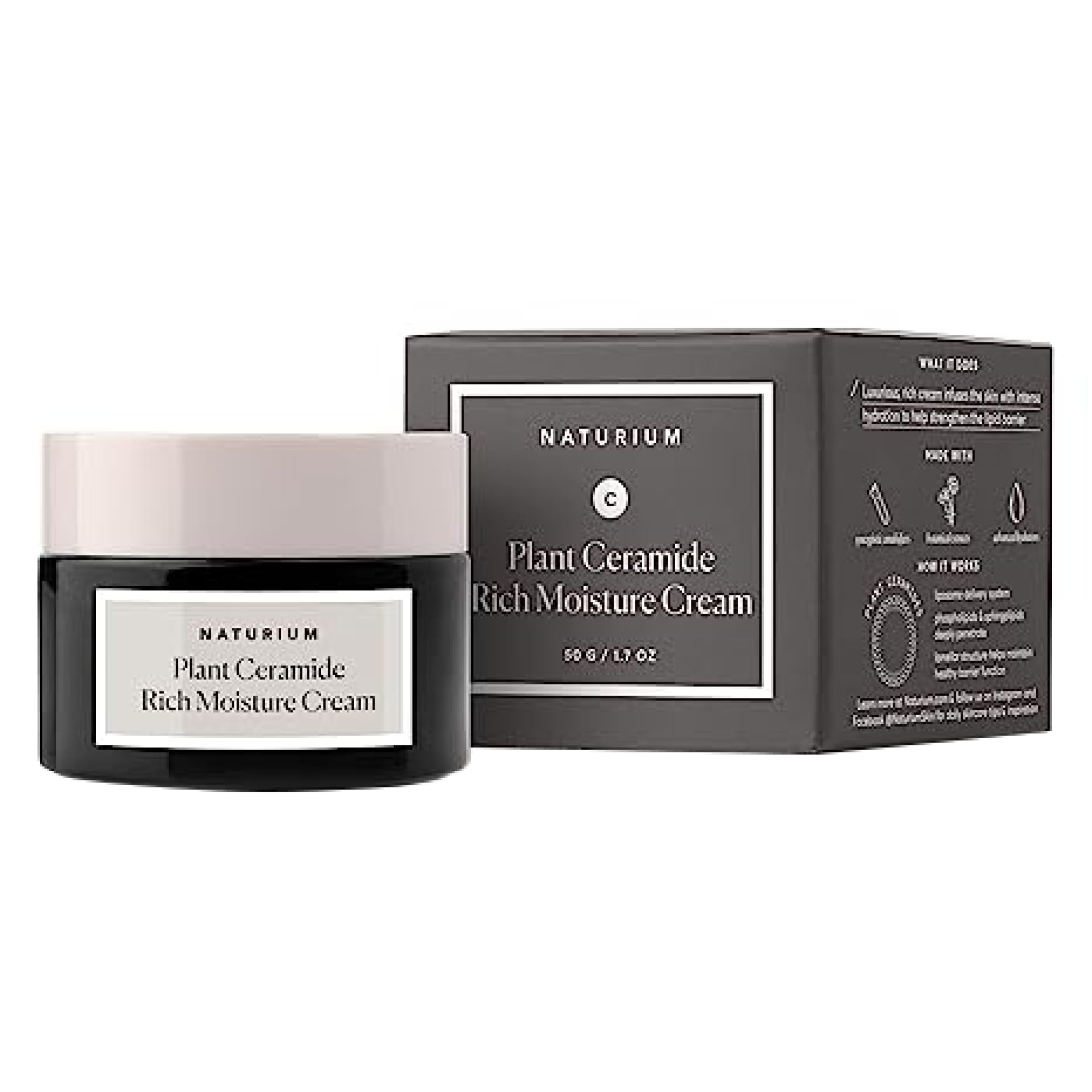Naturium crema ceramidas vegetal en bote, hidratación profunda para piel seca.