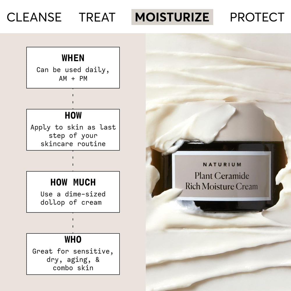 Naturium crema ceramidas vegetal, textura rica para piel suave y nutrida.