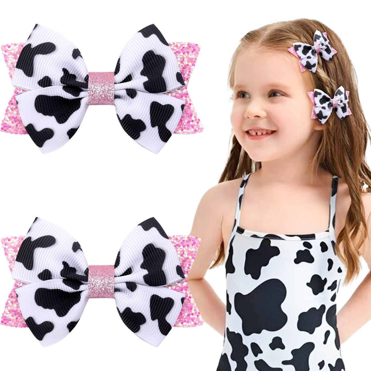 Lazo NCMAMA con estampado vaca rosa y clip cocodilo de dos piezas para peinados duraderos.