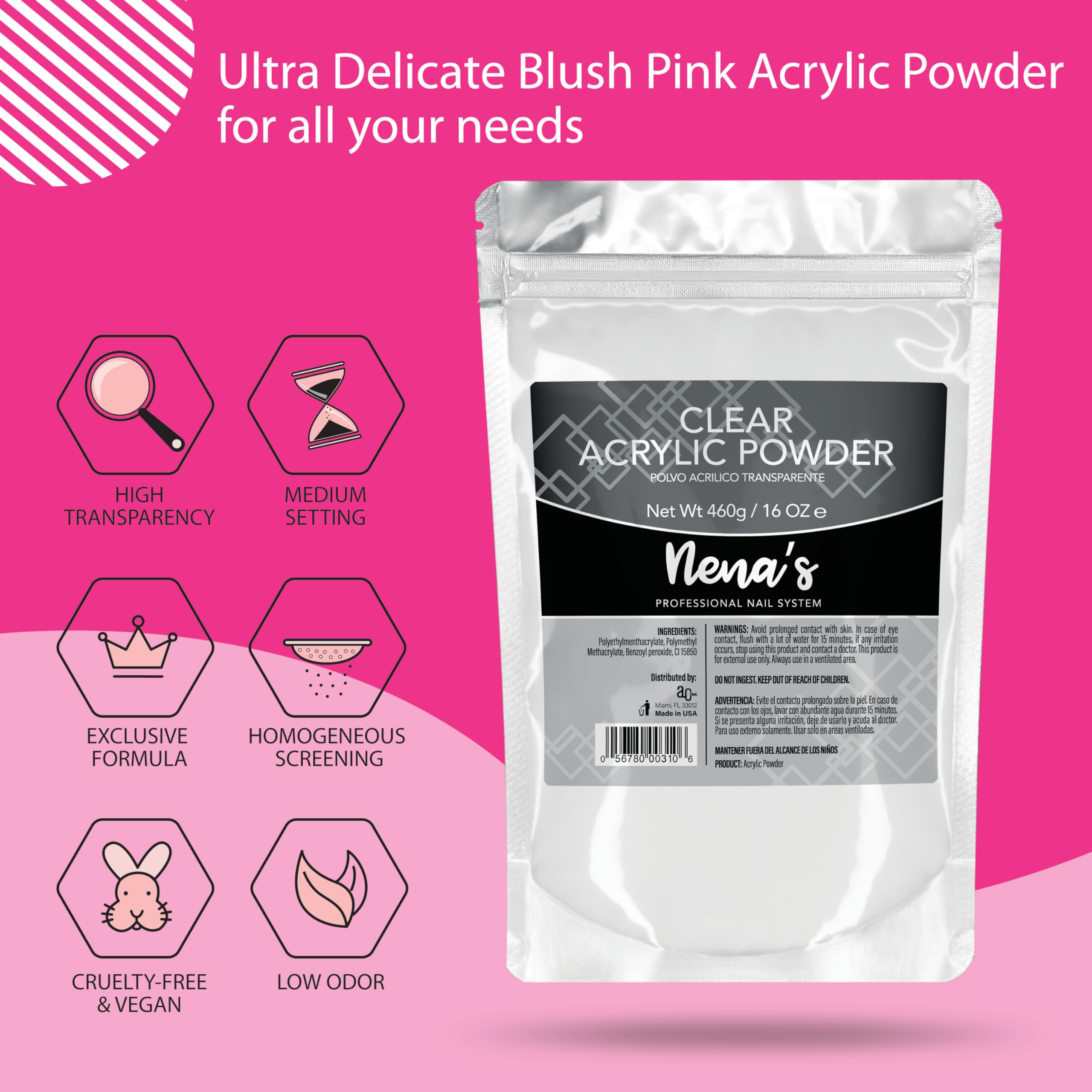 Nena's polvo acrílico esculpante rosa rubor, tono suave para uñas elegantes.