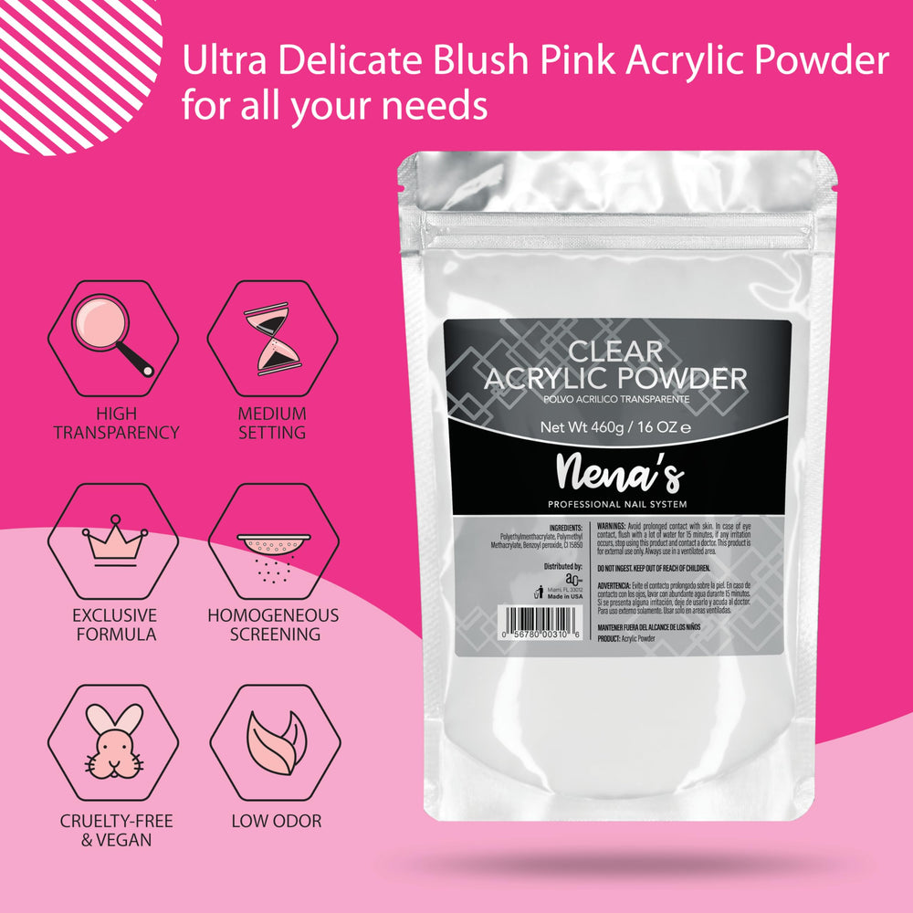 Nena's polvo acrílico esculpante rosa rubor, tono suave para uñas elegantes.