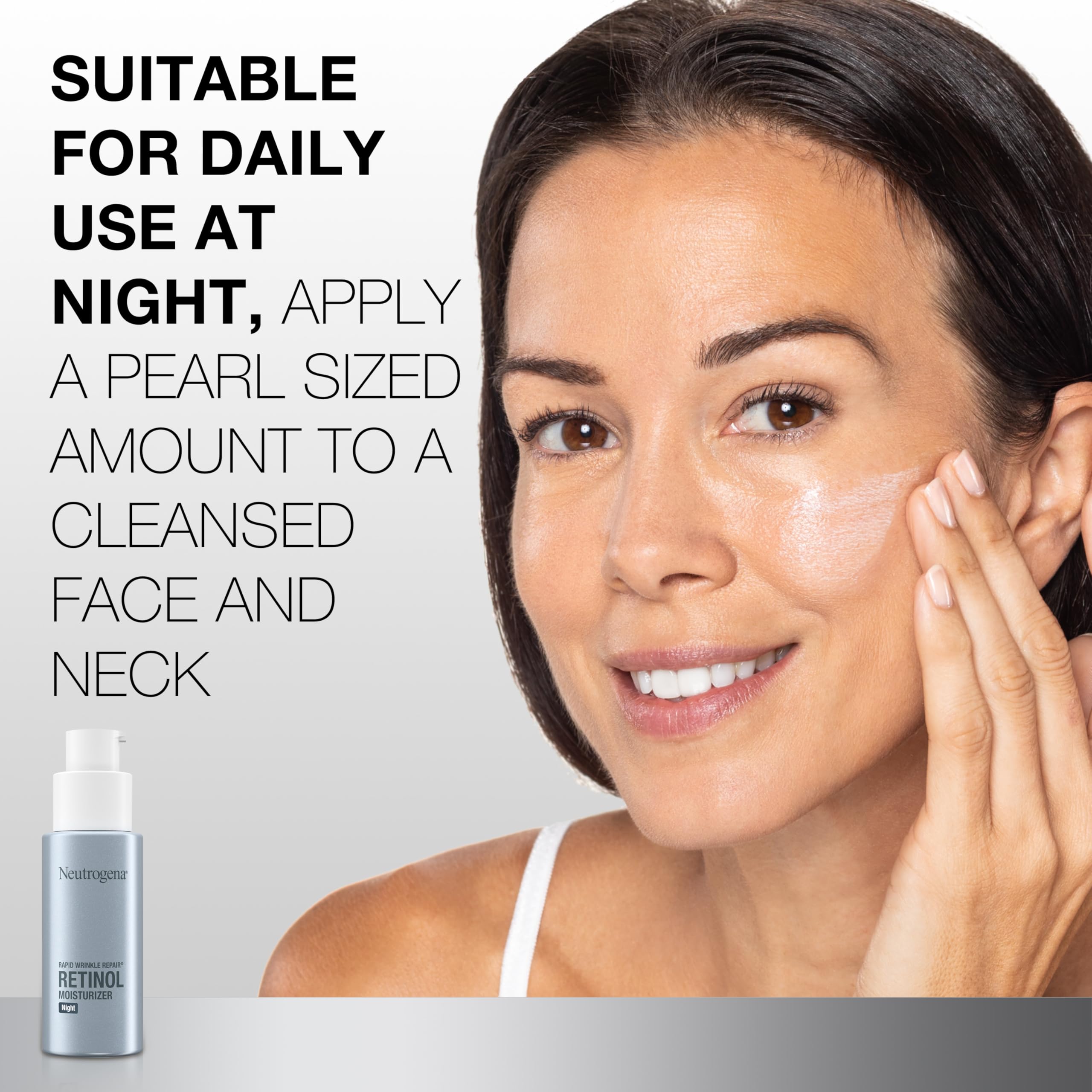 Neutrogena Anti-aging Face-Neck Application scene indicates wrinkle-reduction potential.