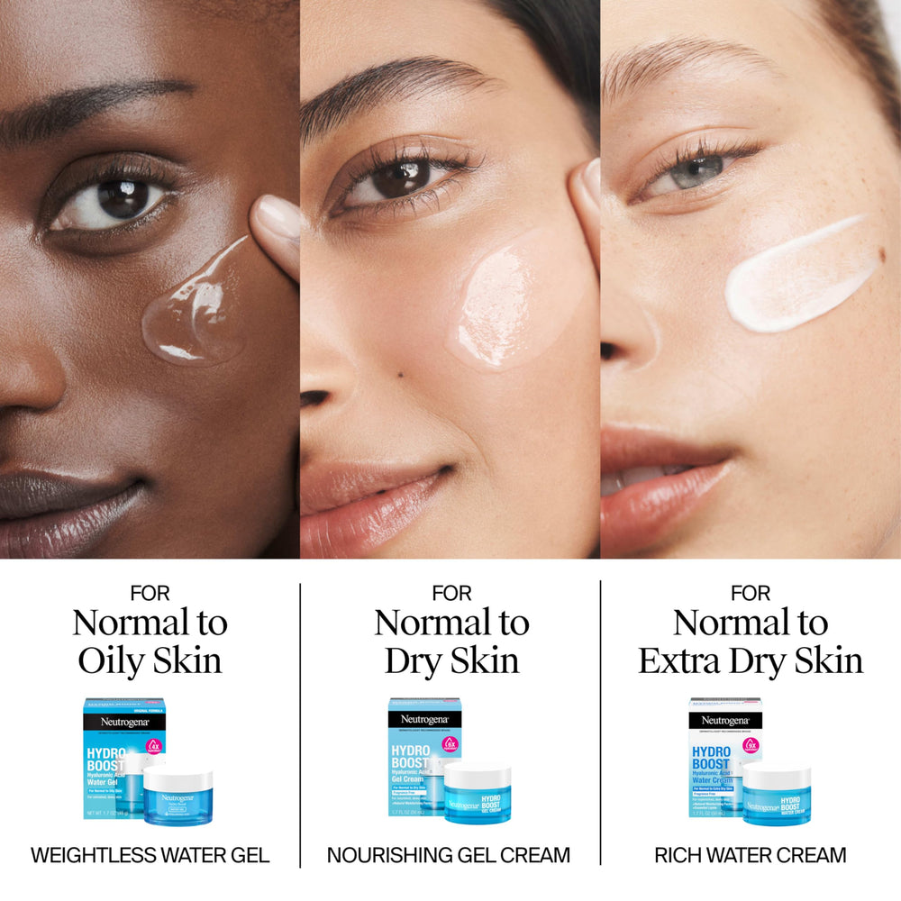 Neutrogena Hydro Boost Gel Cream label featuring hyaluronic acid benefits.