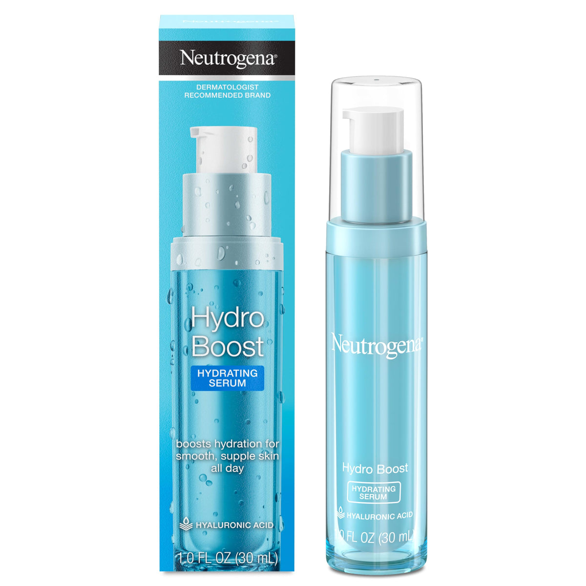 Neutrogena Hydro Boost serum en botella, hidratación rápida para rostro y cuello.