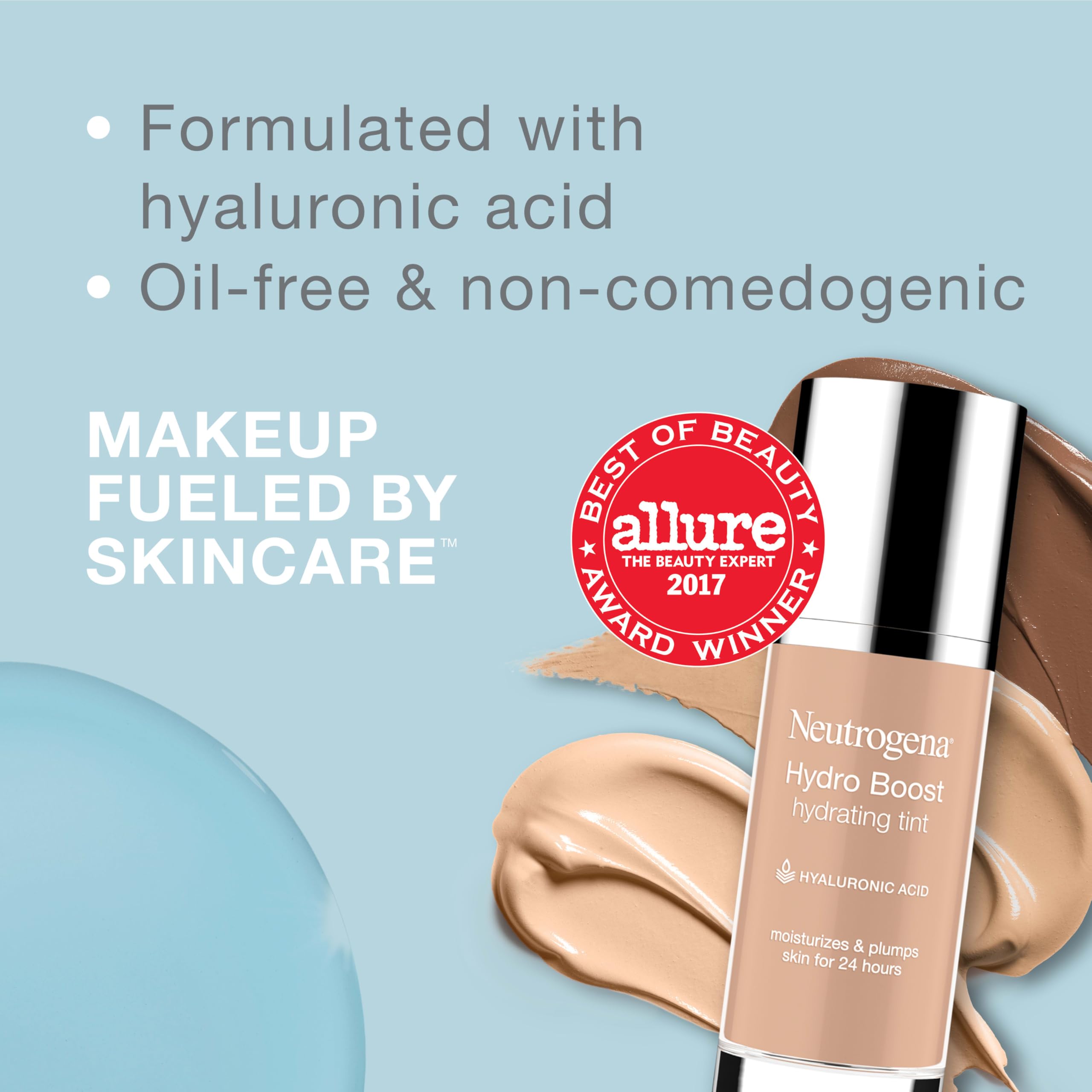 Neutrogena Hydro Boost Tinte hidratante muestra aplicación suave para piel seca, tono uniforme
