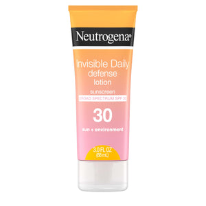 Neutrogena Invisible Daily Defense, botella con SPF 30 para protección diaria de rostro y cuerpo.