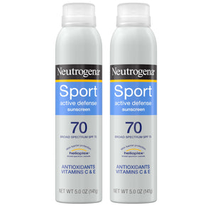 Neutrogena Sport Active Defense SPF 70 spray twin-pack bottles for quick outdoor protection.